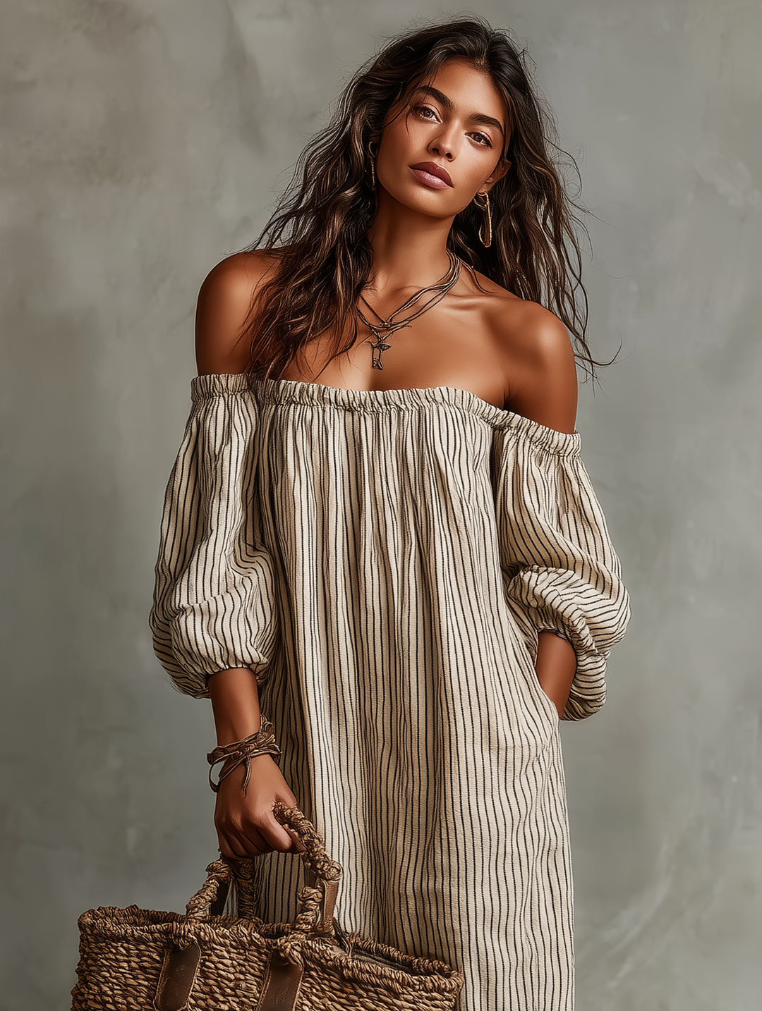 Devra - Vestido maxi vaporoso con hombros descubiertos