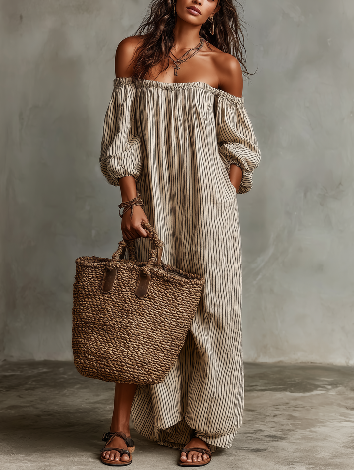 Devra - Vestido maxi vaporoso con hombros descubiertos