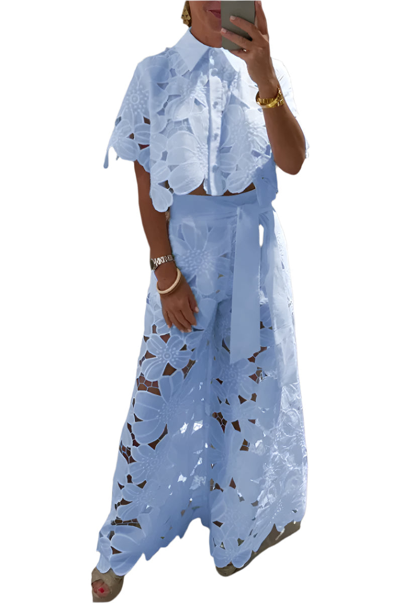 Celessia - Conjunto de blusa de encaje floral y pantalón de pierna ancha