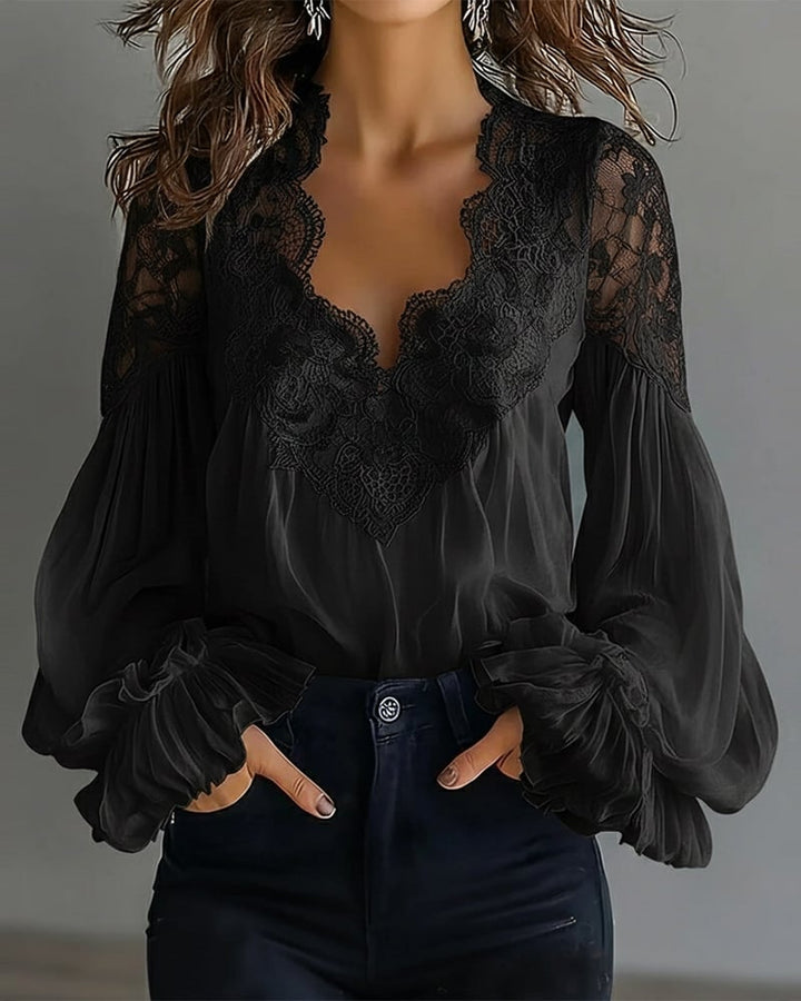Celinrae - Blusa de encaje de manga larga con escote en V