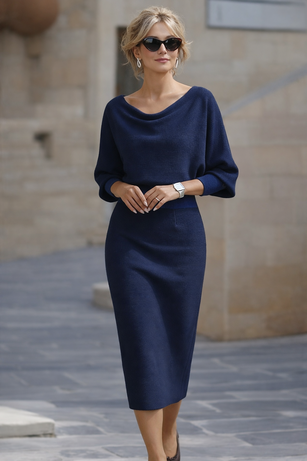 Avalon - Vestido midi con mangas murciélago, suave al tacto