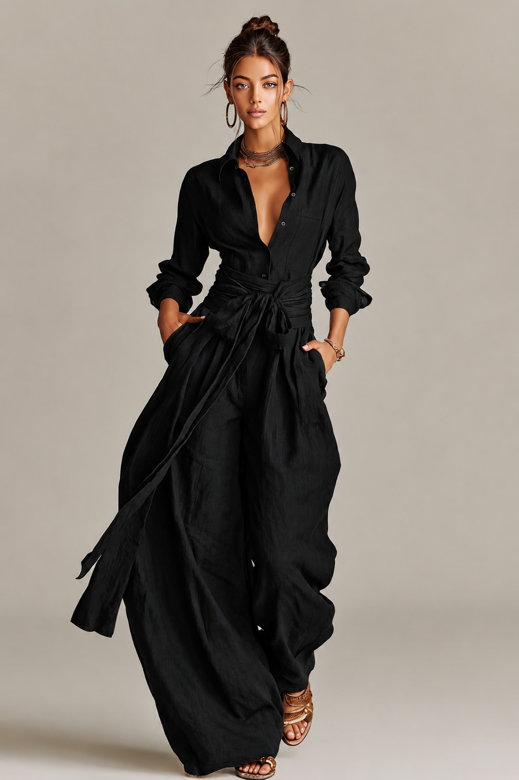 Primalyn - Conjunto coordinado de top ligero abotonado y pantalón palazzo