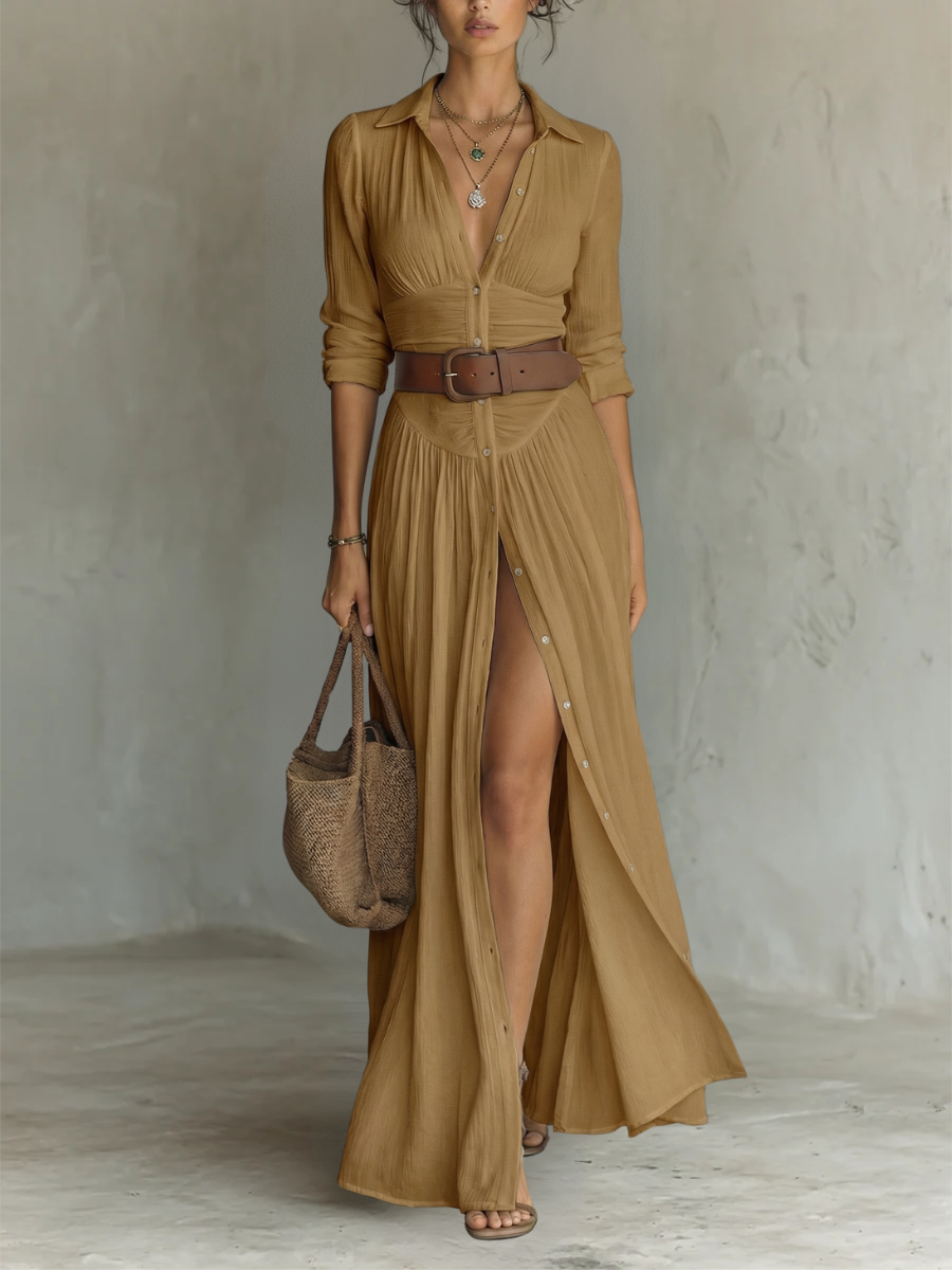 Yarae - Vestido maxi plisado con botones casual