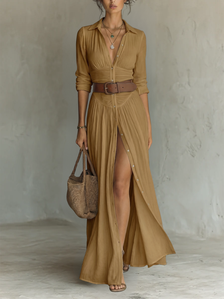 Yarae - Vestido maxi plisado con botones casual
