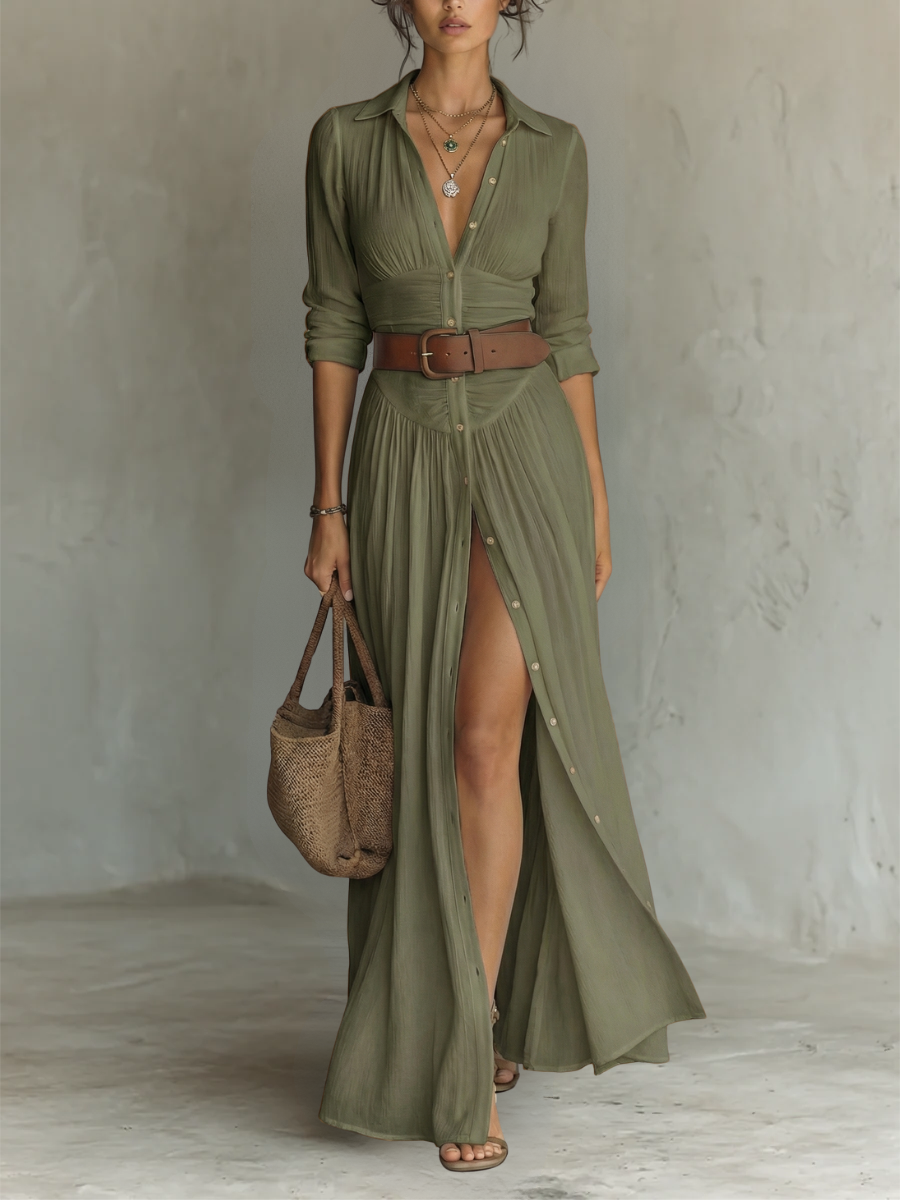 Yarae - Vestido maxi plisado con botones casual