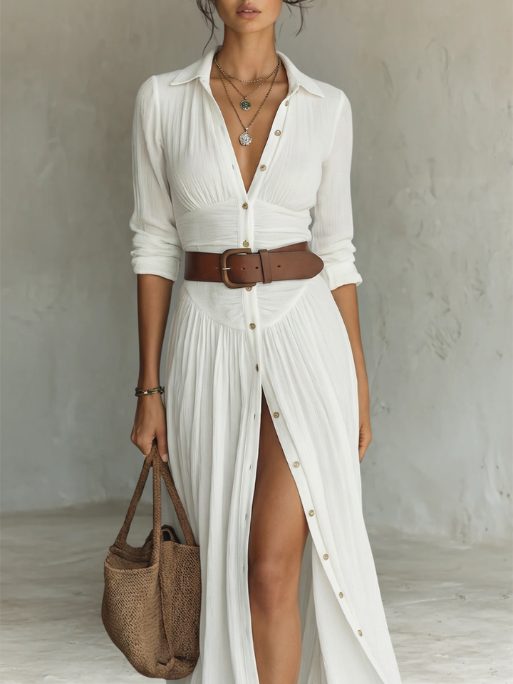 Yarae - Vestido maxi plisado con botones casual