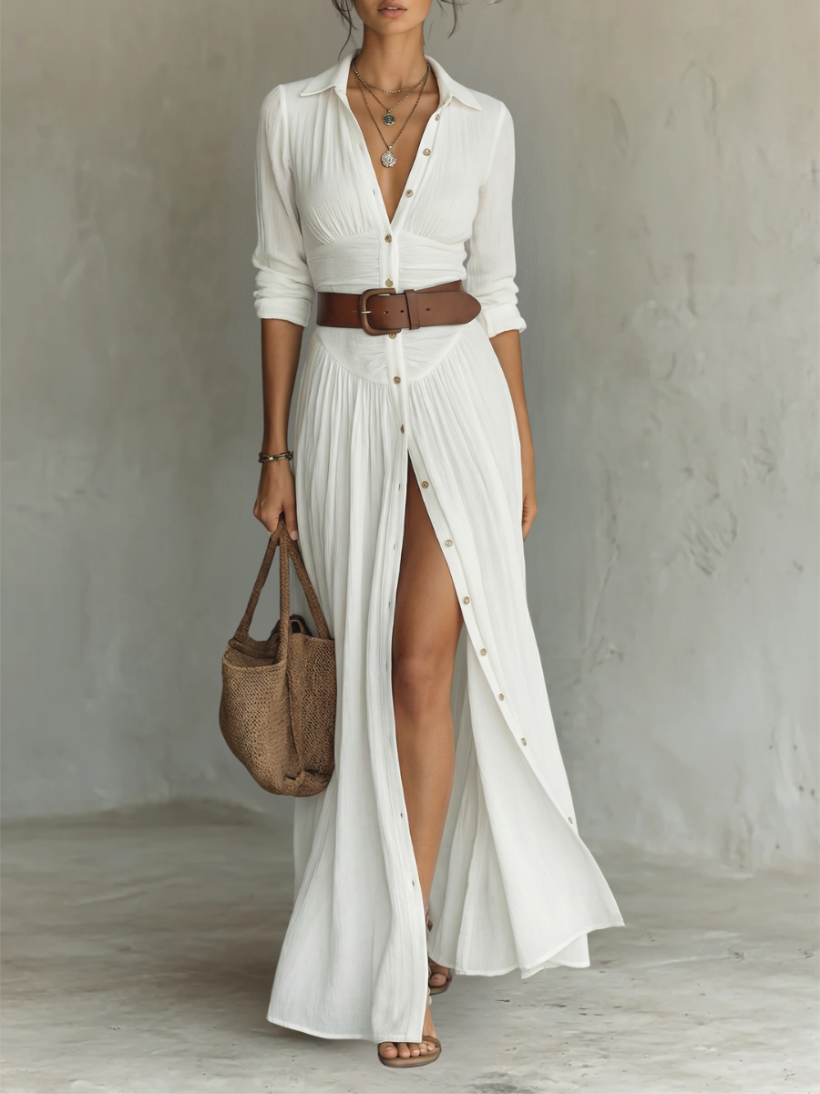 Yarae - Vestido maxi plisado con botones casual