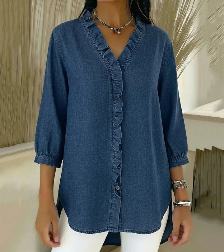 Aelyssa - Blusa con holanes y escote en V de tacto suave