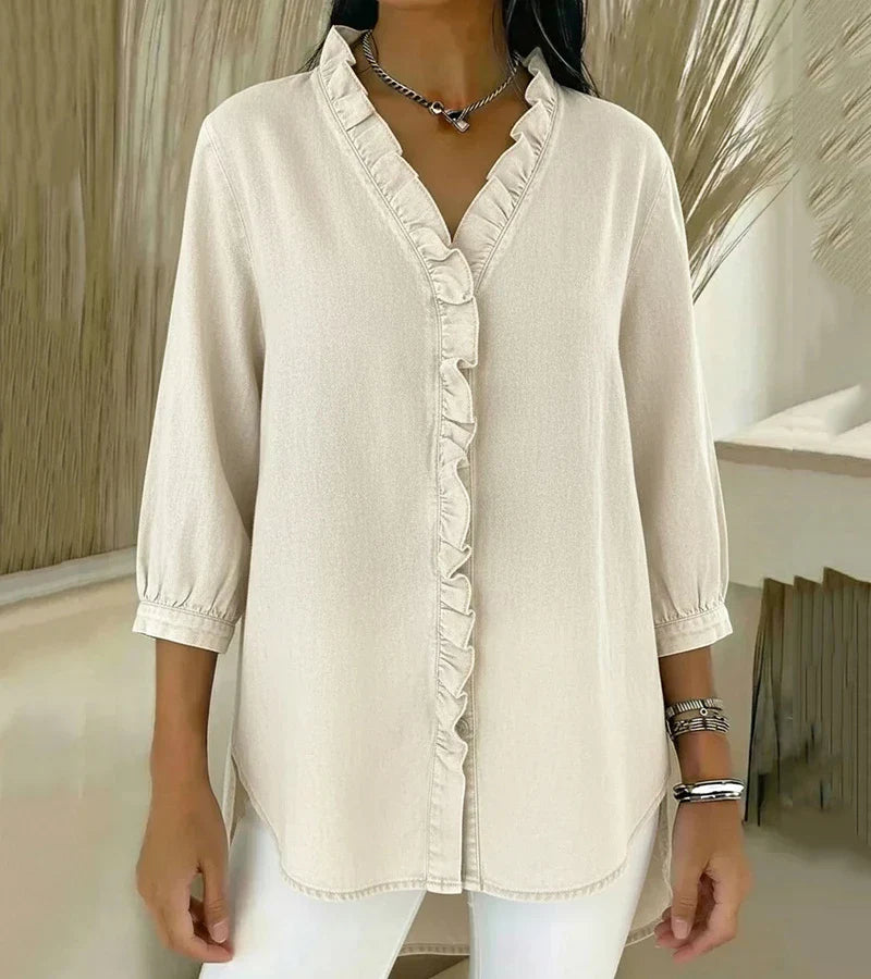 Aelyssa - Blusa con holanes y escote en V de tacto suave