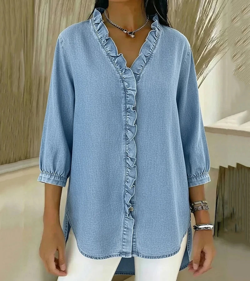 Aelyssa - Blusa con holanes y escote en V de tacto suave