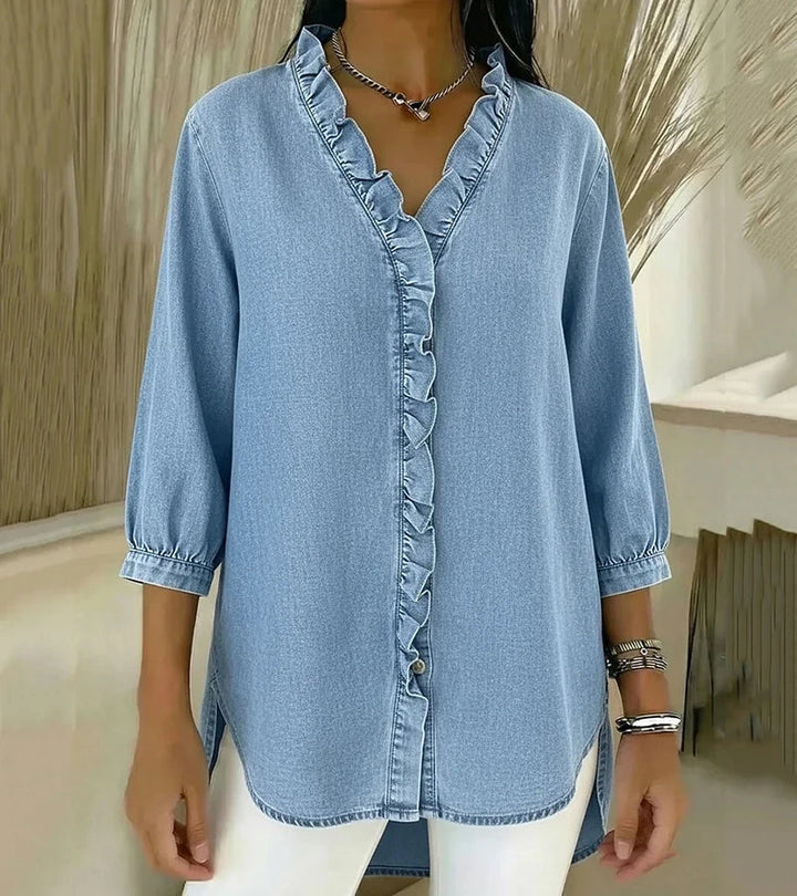 Aelyssa - Blusa con holanes y escote en V de tacto suave