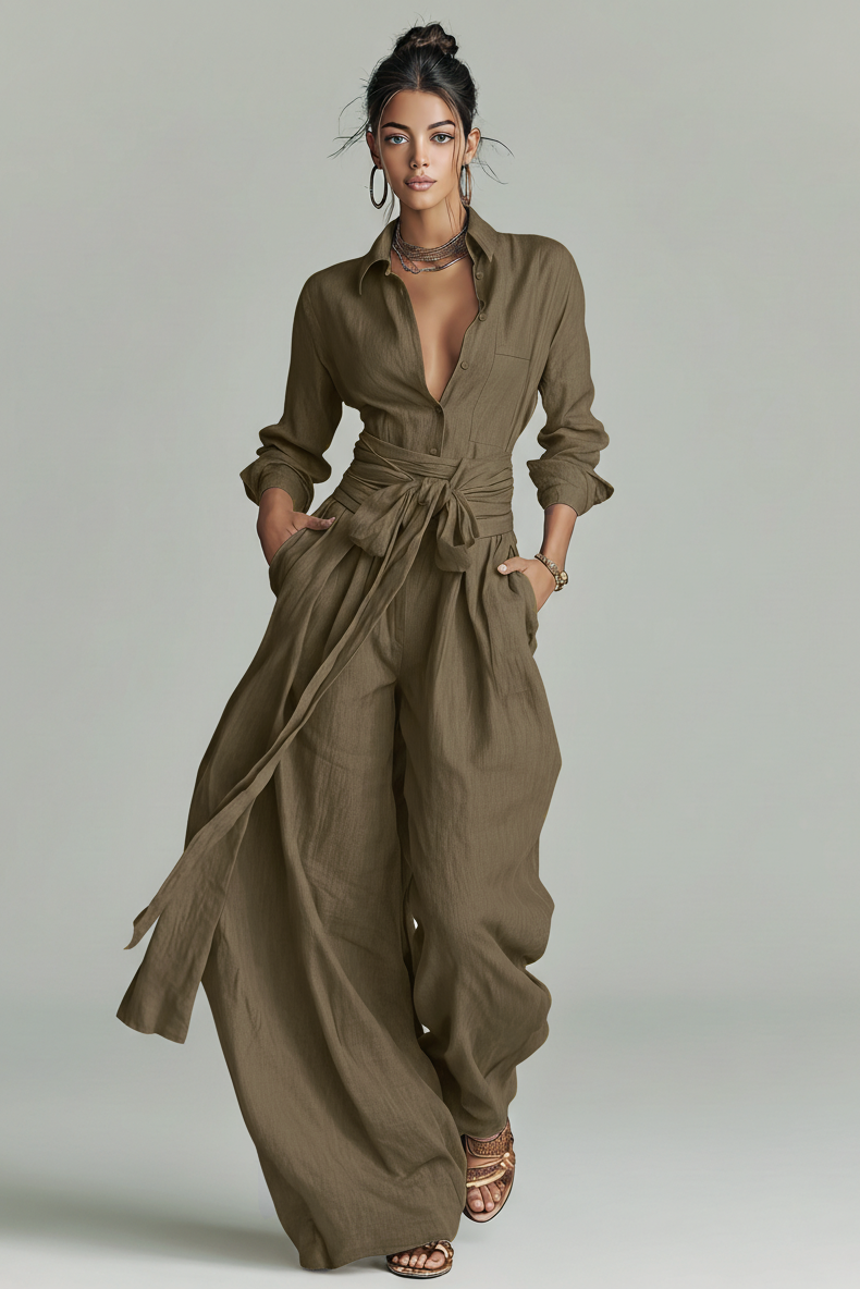 Primalyn - Conjunto coordinado de top ligero abotonado y pantalón palazzo