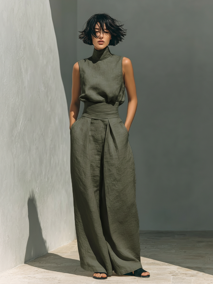 Alena - Conjunto de blusa sin mangas y pantalón de pierna ancha