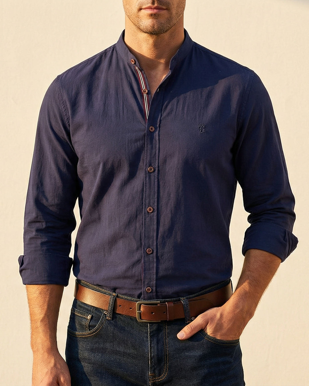 Rydoril - Camisa de cuello mao impecable