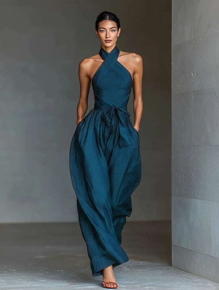 Evaria - Mono de Pierna Ancha con Escote Halter Cruzado