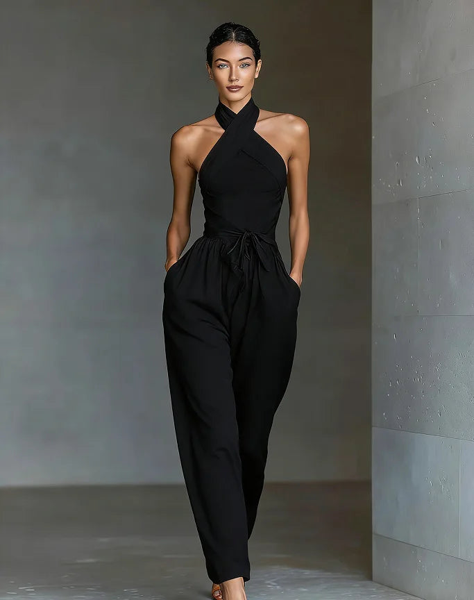 Evaria - Mono de Pierna Ancha con Escote Halter Cruzado