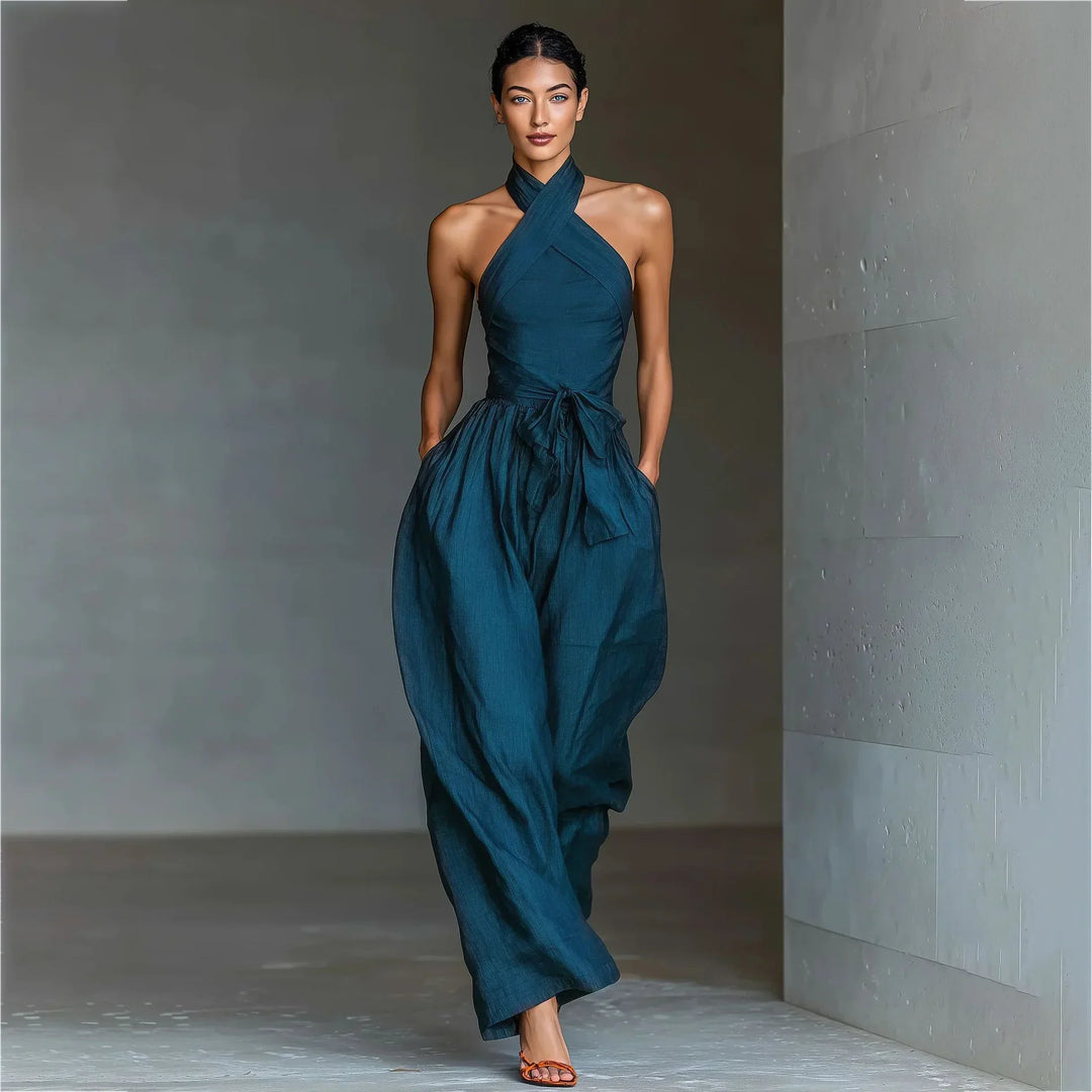 Evaria - Mono de Pierna Ancha con Escote Halter Cruzado