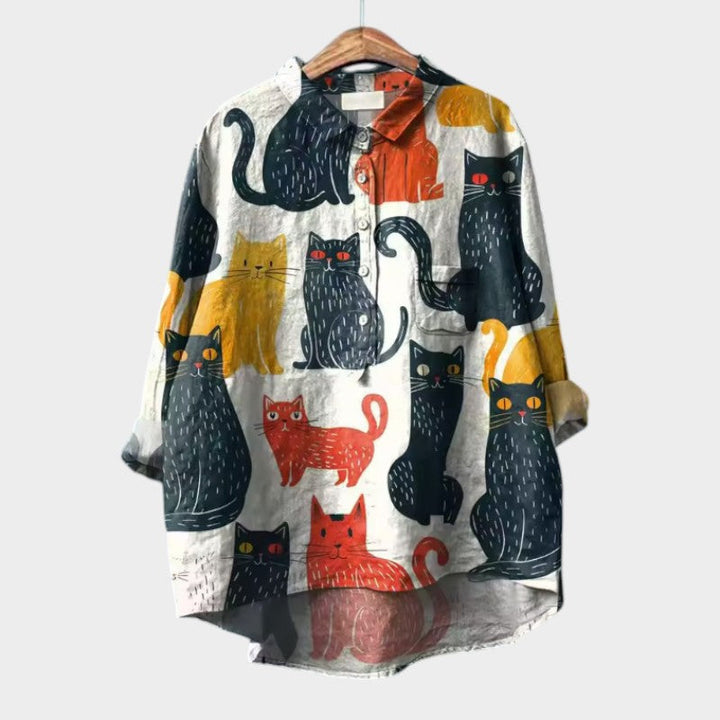 Ravea - Camisa suave al tacto con estampado de gato