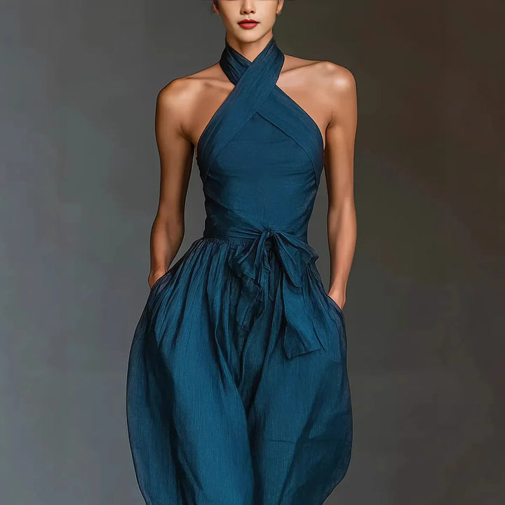 Evaria - Mono de Pierna Ancha con Escote Halter Cruzado