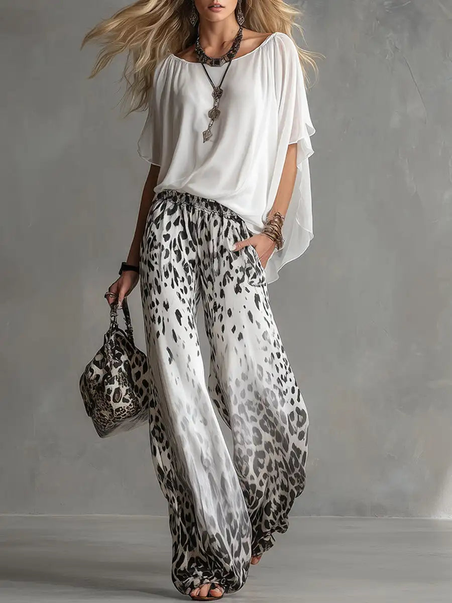 Ivette - Conjunto de blusa ligera y pantalón de pierna ancha