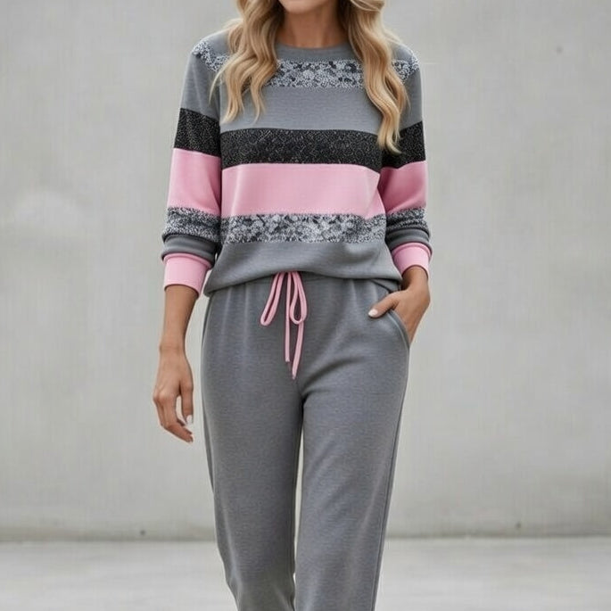 Cora - Conjunto de suéter y pantalón jogger de tacto suave a rayas