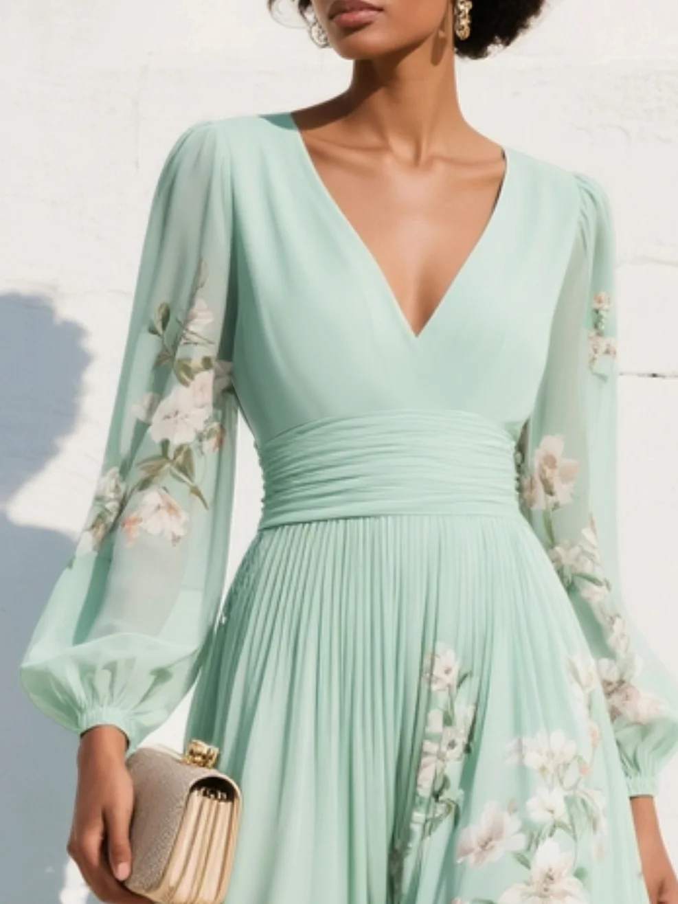 Maribel - Vestido plisado con escote en V y de tacto suave