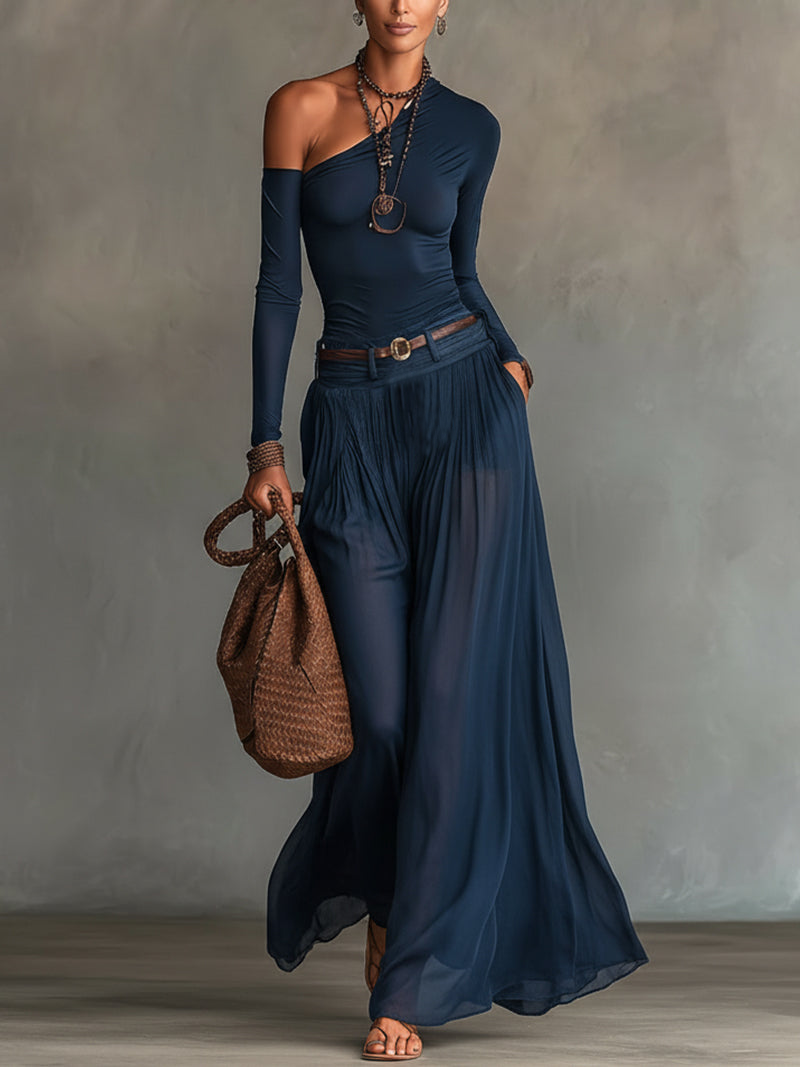 Ensley - Conjunto elegante de top de un hombro y falda