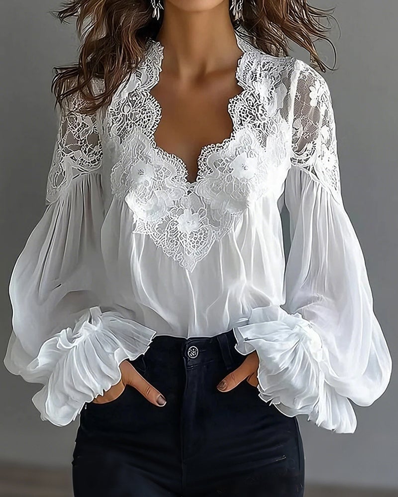 Celinrae - Blusa de encaje de manga larga con escote en V