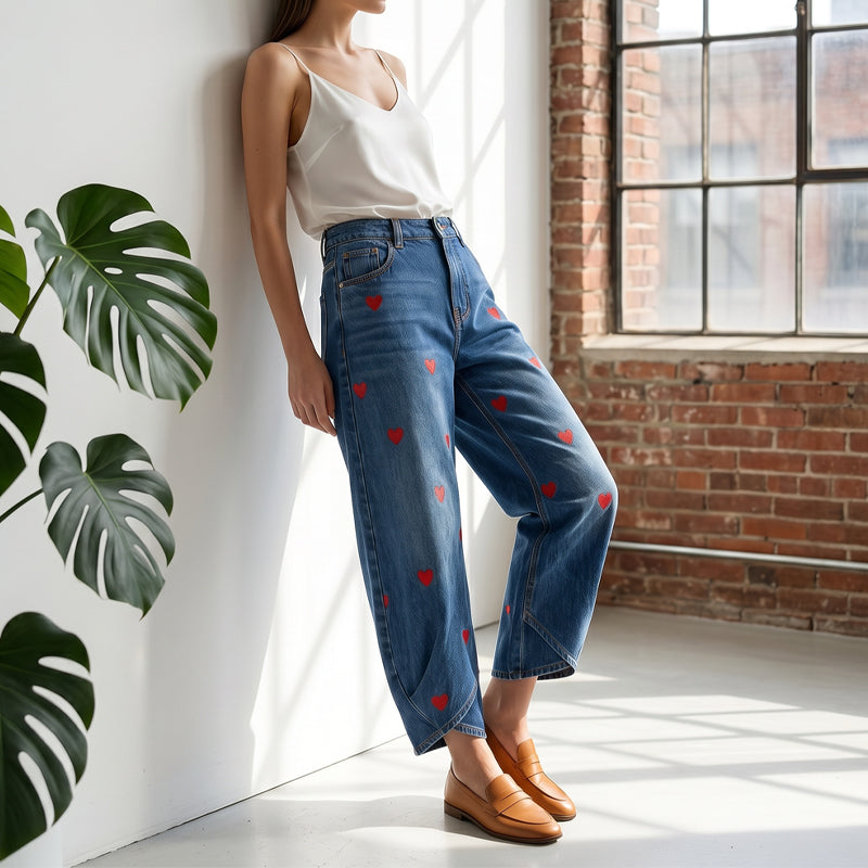 Arabella - Jeans de pernera globo con estampado de corazones