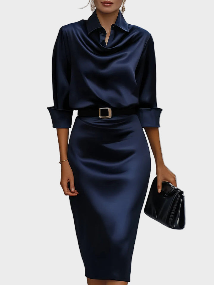 Sophia - Vestido midi con escote drapeado brillante