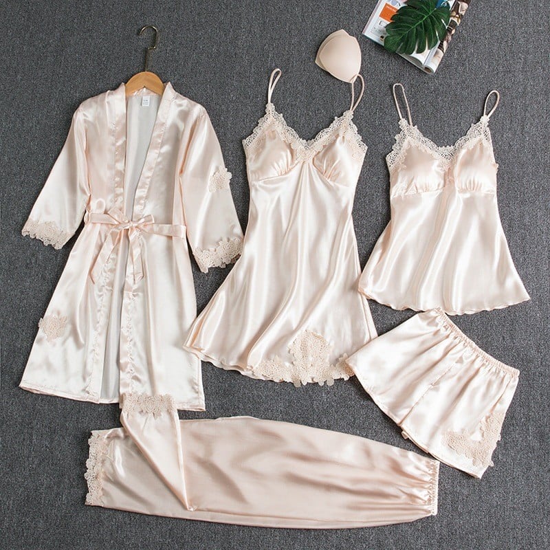Emirae - Conjunto de pijama de seda fría de cinco piezas
