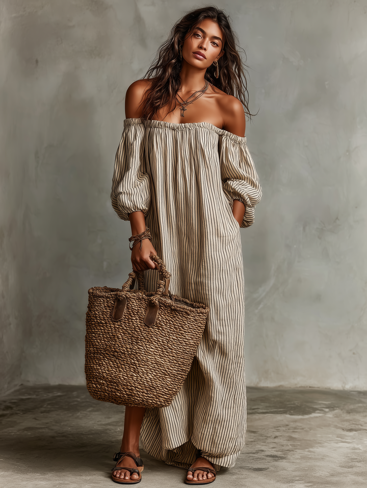 Devra - Vestido maxi vaporoso con hombros descubiertos