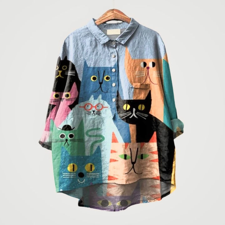 Ravea - Camisa suave al tacto con estampado de gato