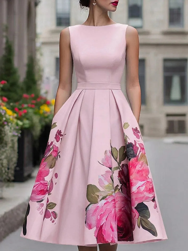 Xavia - Vestido midi elegante de corte entallado y falda amplia con estampado floral