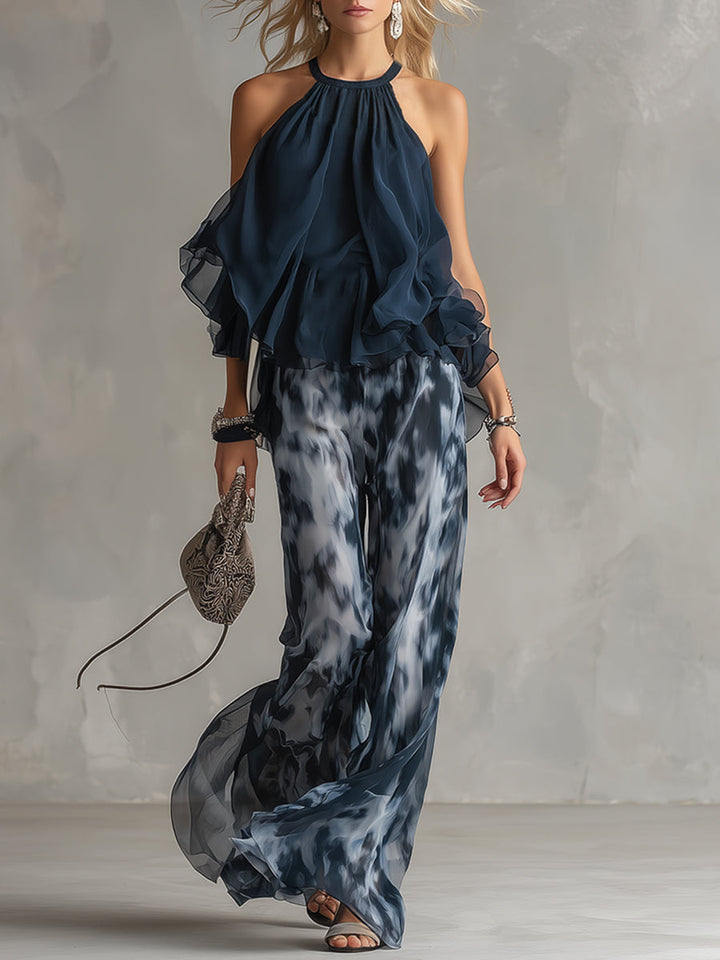 Norelda - Conjunto elegante de top de cuello alto y pantalón de pierna ancha