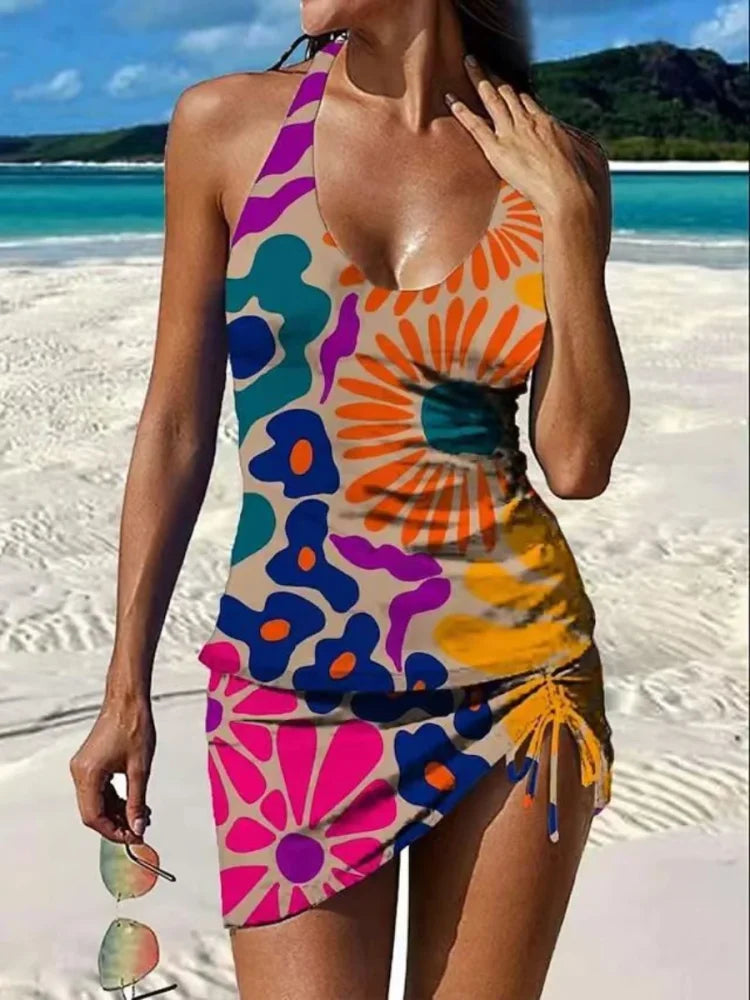 Ysoria - Conjunto de traje de baño con cuello halter estampado