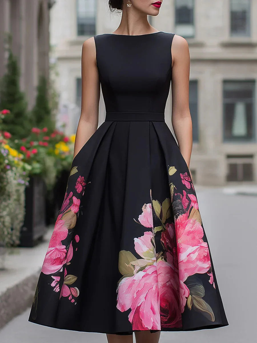 Xavia - Vestido midi elegante de corte entallado y falda amplia con estampado floral