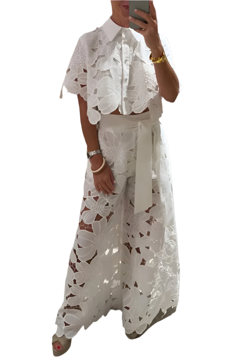 Celessia - Conjunto de blusa de encaje floral y pantalón de pierna ancha