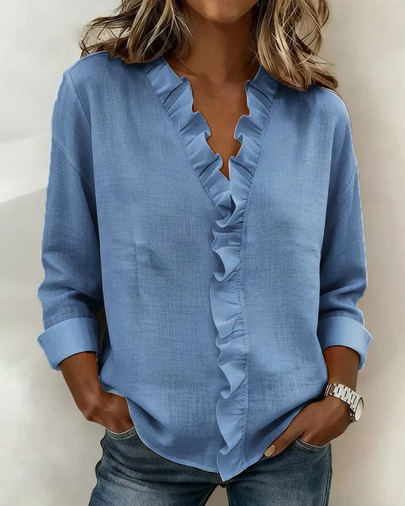 Brinae - Blusa de manga larga con holanes y escote en V de tacto suave