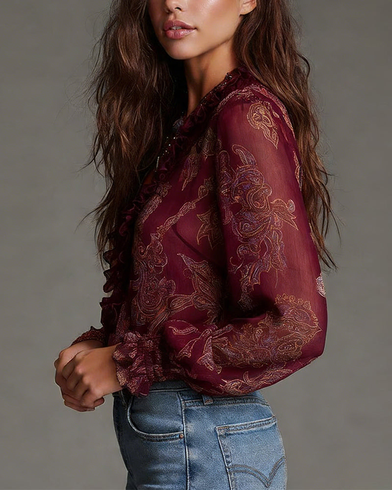 Norayi - Blusa con mangas con olanes y escote en V de tacto suave