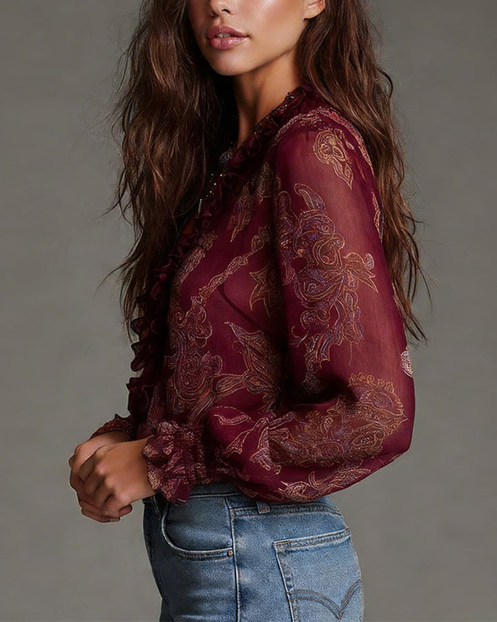 Norayi - Blusa con mangas con olanes y escote en V de tacto suave