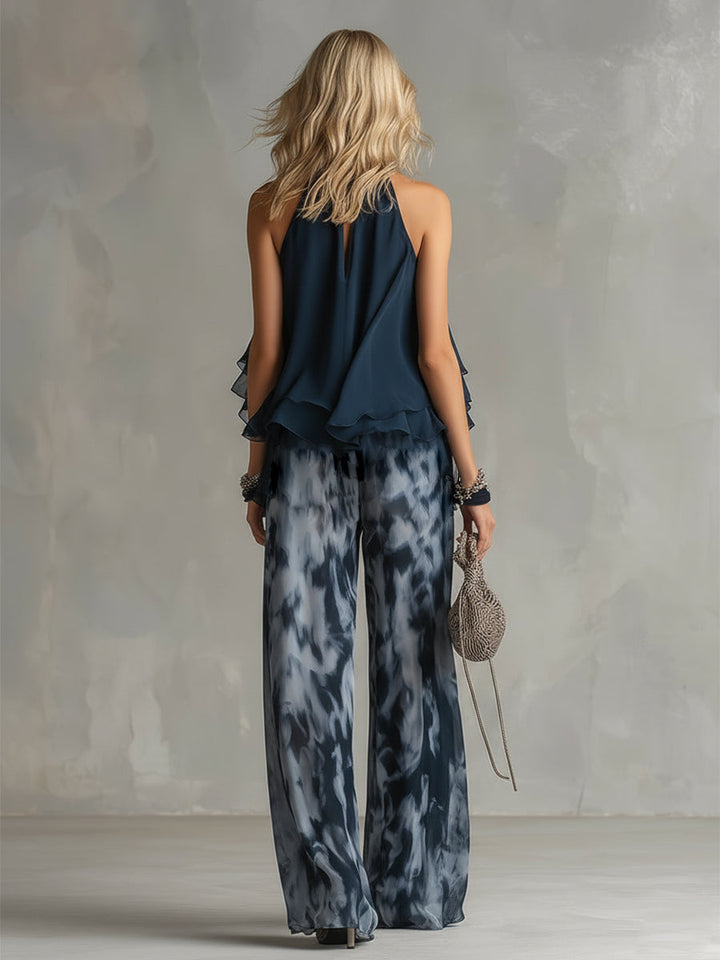 Norelda - Conjunto elegante de top de cuello alto y pantalón de pierna ancha