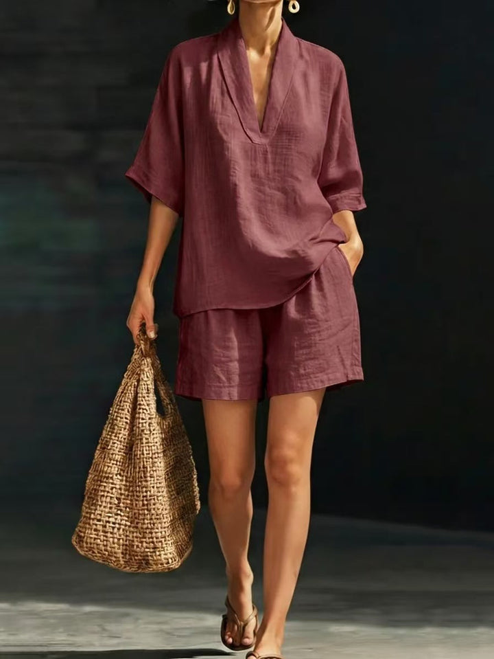 Yamina - Conjunto de top y shorts con escote en V y tacto suave