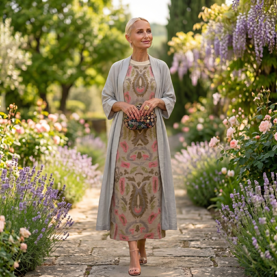 Lilith - Conjunto de vestido midi estampado y cárdigan largo