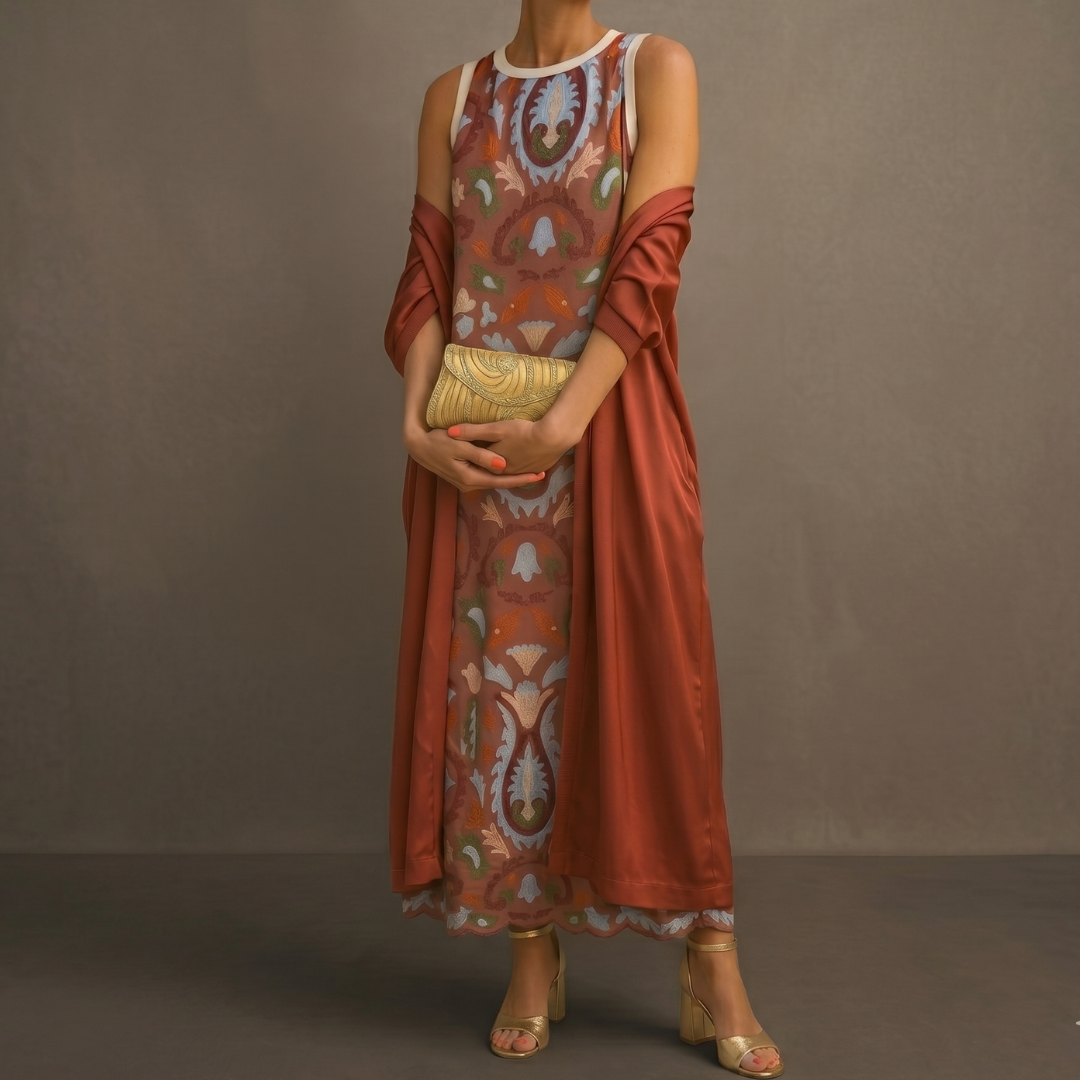 Lilith - Conjunto de vestido midi estampado y cárdigan largo