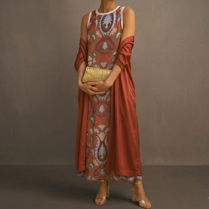 Lilith - Conjunto de vestido midi estampado y cárdigan largo
