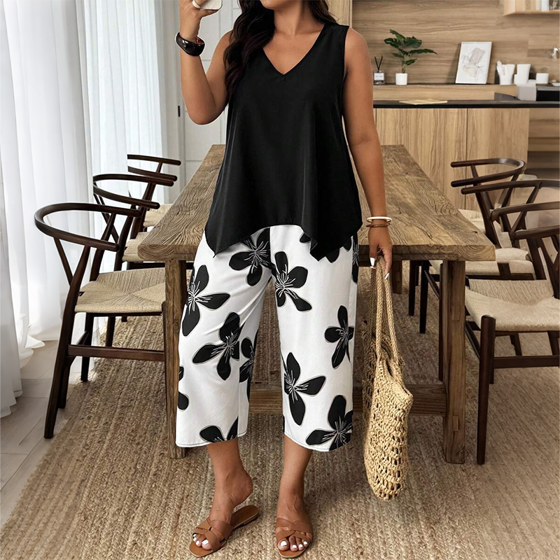 Marissa - Top asimétrico suave al tacto y conjunto con pantalones capri florales