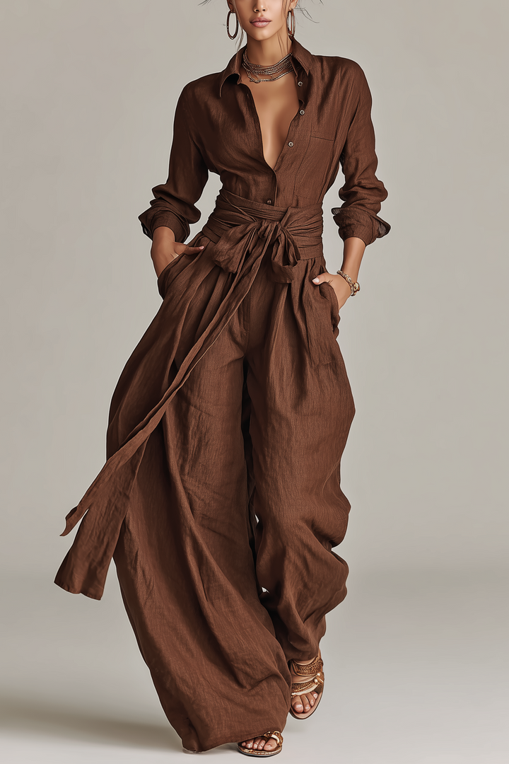 Primalyn - Conjunto coordinado de top ligero abotonado y pantalón palazzo