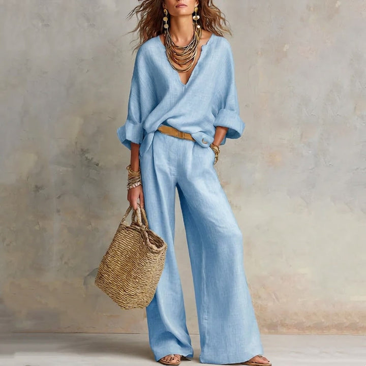 Zelora - Conjunto con top ligero de escote en V y pantalón de pierna ancha