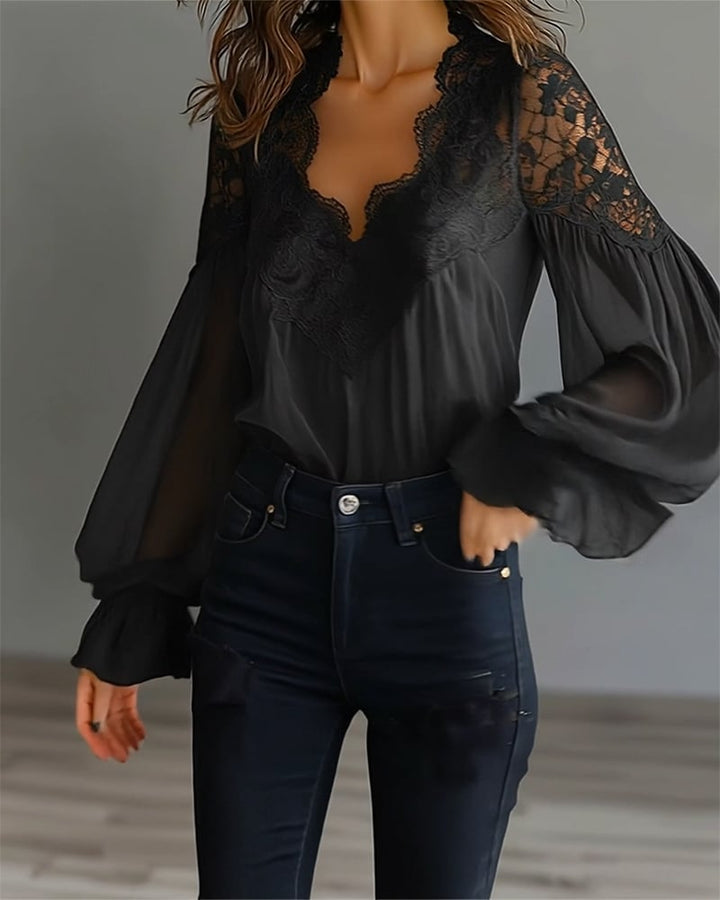 Celinrae - Blusa de encaje de manga larga con escote en V